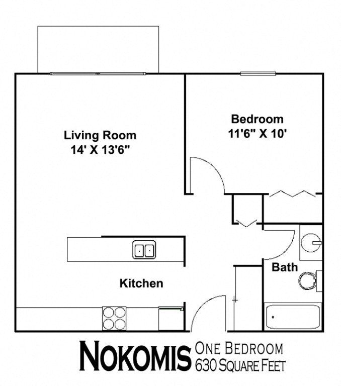 Floor plan for 1 bed, 1 bath, 630 sqft